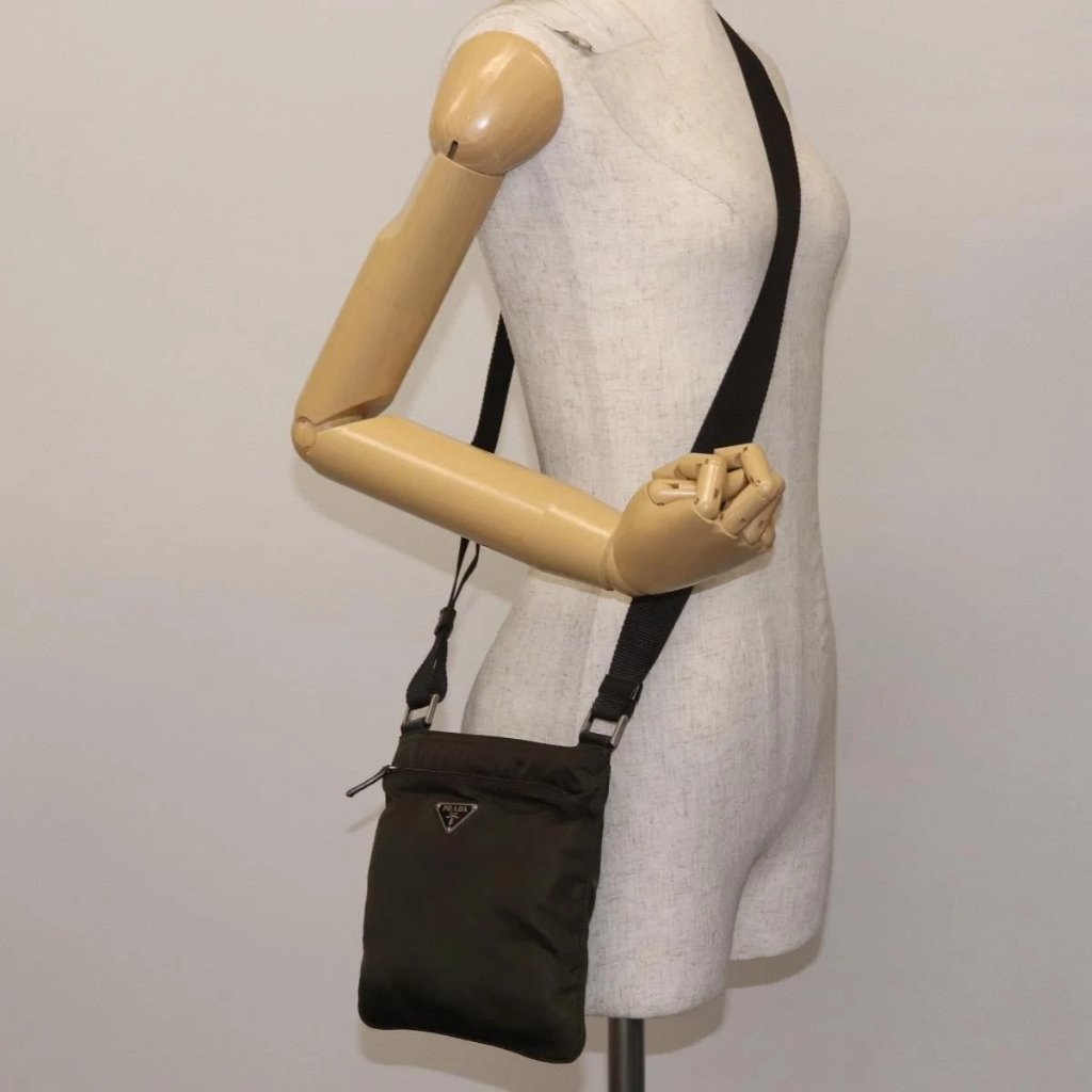 Prada Shoulder Bag Nylon Khaki Silver Auth